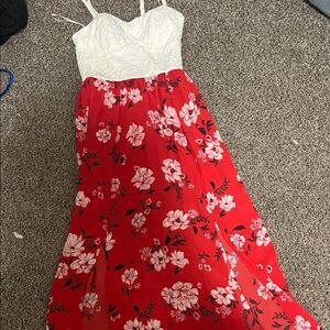 Candie's White Lace double slit Red Floral Maxi Dress